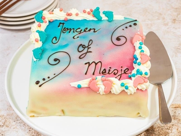 Marsepein gender reveal taart 12 pers